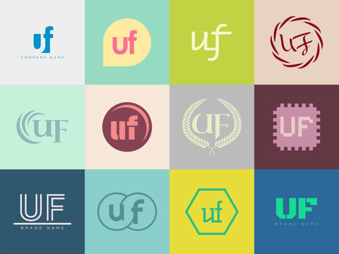 UF logo company template. Letter u and f logotype. Set different classic serif lettering and modern bold text with design elements. Initial font typography.