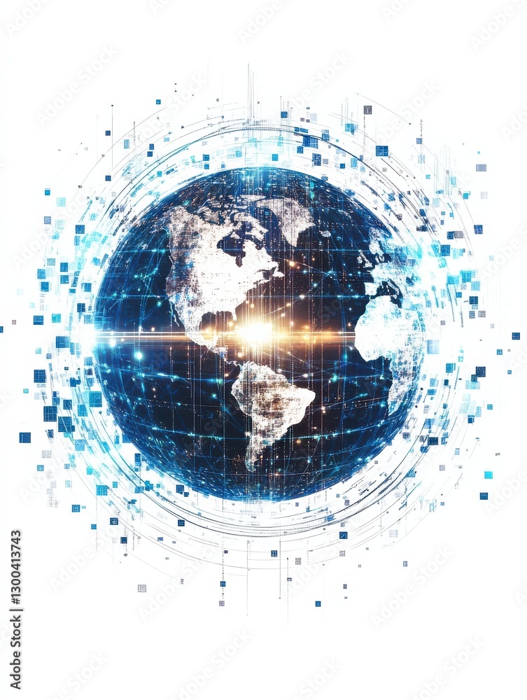 Poster a stylized digital globe with network lines on a white background with abstract square patterns repr