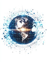 A stylized digital globe with network lines on a white background with abstract square patterns representing global connectivity