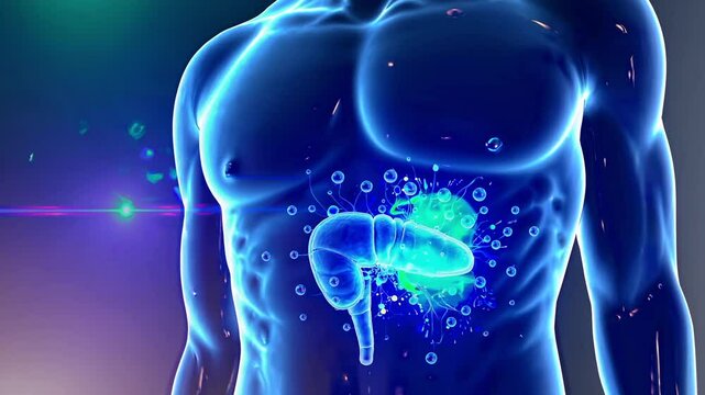 Detailed 3D X-Ray of the Pancreas in Human Body, Medical Animation, Loop Video, Generative AI