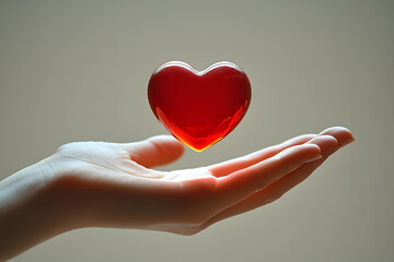 Fototapeta premium A hand supports a glowing red heart, embodying warmth and affection in a calm atmosphere