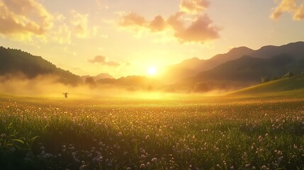Naklejka premium Golden Sunrise Illuminating A Lone Figure In A Misty Field, Bathed In Warm Light And Surrounded By Mountains