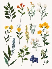 Collection of floral and botanical elements. Set of leaf, foliage wildflowers, plants, bloom, leaves and herb. Hand drawn of blossom spring season vectors for decor, website, graphic and shop.