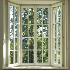 Bay window view, lush green trees, sunlight. Home interior design