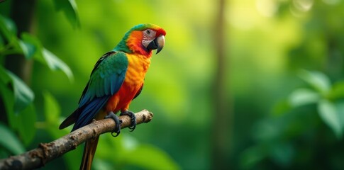 Obraz premium Vibrant parrot perched on a branch with lush tropical foliage, tropical, parrot