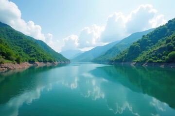Water surface of Arjun Sagar Dam surrounded by lush green Western Ghats mountains, Valley, Waterfall