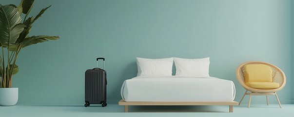 A serene bedroom featuring a bed, a stylish chair, a suitcase, and a tropical plant against a calming blue-green wall.
