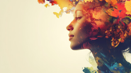 creative portrait of woman with colorful floral elements and butterflies