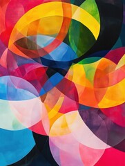 Obraz premium A vibrant, abstract painting featuring overlapping circles in bright, translucent colors, creating a dynamic and playful composition.