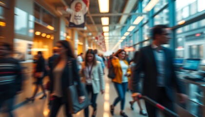 Fototapeta premium People walking down an airport or convention center corridor interior