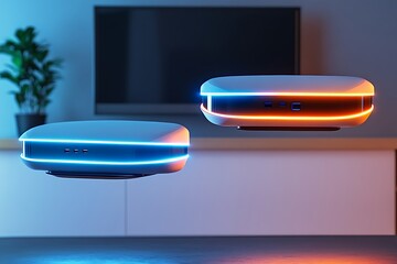 Levitating futuristic gaming consoles showcasing advanced technology in a modern living room environment, side view concept for innovation