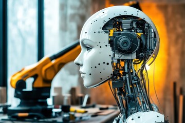 Fototapeta premium Futuristic Robot Head with Intricate Circuitry and Technology Elements in Modern Workspace, Emphasizing Innovation and Artificial Intelligence in Design