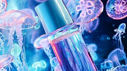 A sleek glass bottle of marine collagen essence, elegantly immersed in an ethereal underwater scene with glowing jellyfish. The vibrant blue and pink hues highlight deep-sea hydration, ocean-inspired 