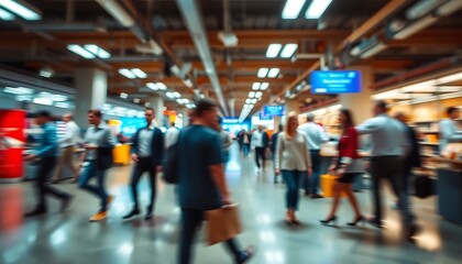 Blurry depiction of people walking in a spacious indoor corridor setting