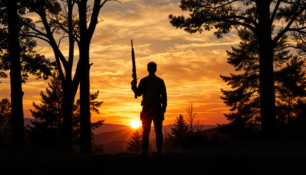 Silhouette of a soldier holding a weapon at sunset, bravery symbolized