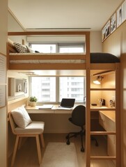 Fototapeta premium A modern compact space with a loft bed and desk