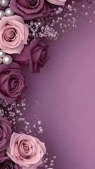 Purple - pink roses, pearls, baby's breath on lavender background.