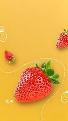 Fresh strawberries on a yellow backdrop with doodles. Perfect for ads, packaging, cards, wallpapers.  