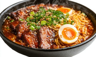 Fototapeta premium Steaming Bowl of Ramen with Braised Pork Belly and Soft Boiled Eggs
