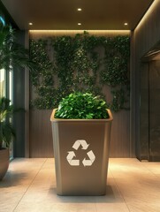 Fototapeta premium Eco-Friendly Hotel Lobby: A recycling bin with the universal symbol in the lobby of an eco-friendly hotel. The lobby features sustainable design elements like energy-efficient lighting.