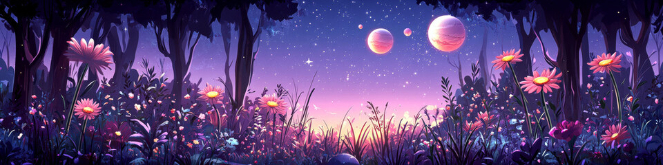 Fototapeta premium Flowers bloom under a twilight sky with planets visible between silhouetted trees. Concept of a mystical, dreamy landscape. For fantasy-themed illustrations.