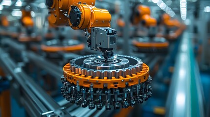 Advanced industrial machine in a busy factory setting, showcasing efficiency and automation in manufacturing processes