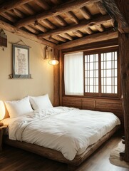 A rustic bedroom interior featuring a wooden bed and window