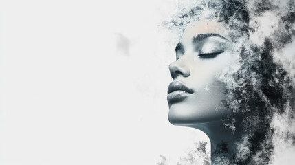 Artistic portrait of woman with ethereal smoke effect, serene expression