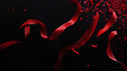 Red satin ribbons and torn fragments scattered on a dark black background
