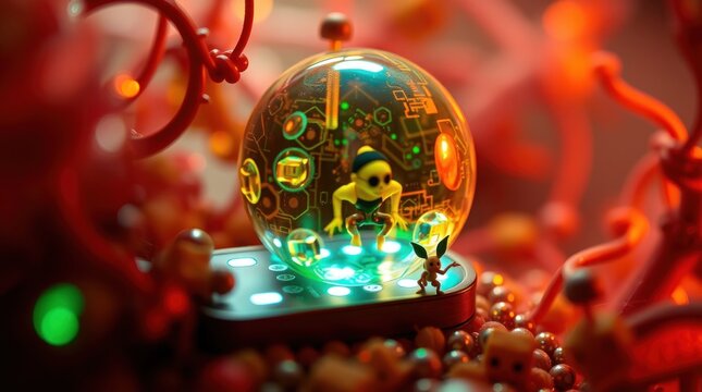 Futuristic Alien Figure Inside Sphere with Robot Companion on Platform