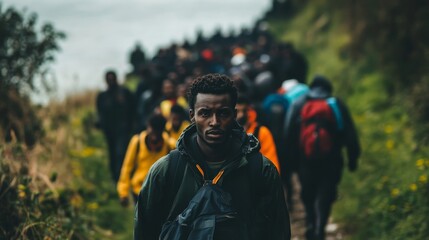Fototapeta premium People hiking together on a green path with somber faces.