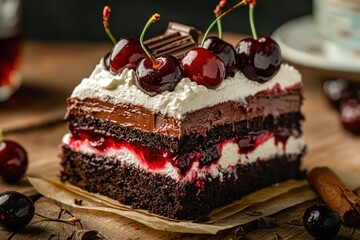 A decadent Black Forest cake with fresh cherries, chocolate layers, and whipped cream, sitting on rustic wood surface, perfect for any special occasion.