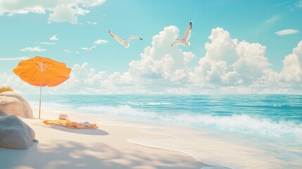 Serene Beach Escape A Tranquil Orange Umbrella Shading A Sun-kissed Shoreline, Gentle Waves Lapping, Gulls Soaring Under A Vibrant Sky