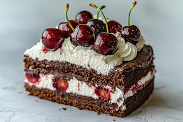 A delicious slice of black forest cake topped with fresh cherries and whipped cream on a marble surface, perfect for celebrating any special occasion.