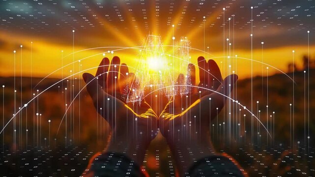 Symbolic representation of artificial intelligence, hands cradling an AI digital entity