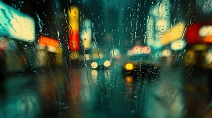 Blurred City Lights Through Rainy Glass