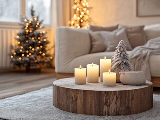 Illuminated Christmas Tree Candles and Snow Covered Decorative Table