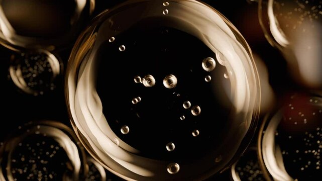 Golden serum liquid bubbles. Luxury beauty cosmetics macro 3D abstract background. Bio moisturizer essence gel or oil drops. Collagen fluid molecule. Moisturizing peptide face cream for skin lifting