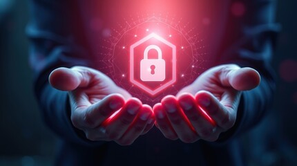 Hands Presenting Digital Padlock Protecting Data Security in Red Glow