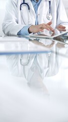 Unrecognizable female doctor in blue blouse, stethoscope and white coat is using digital tablet in modern healthcare setting, interacting with patient data, vertical view. Medicine and science