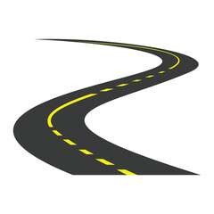 Roads in perspective. Bended pathway road curved city street to horizon. Journey asphalt highway isolated vector set 