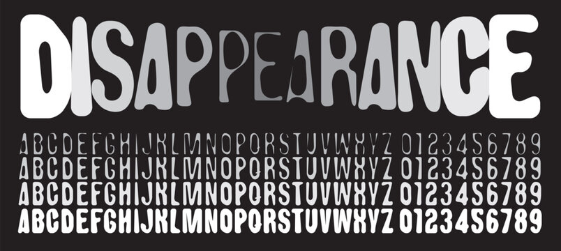 Set of simple rounded distorted font with letters of varying thickness on the theme of disappearance. Set of letters and numbers of the latin alphabet