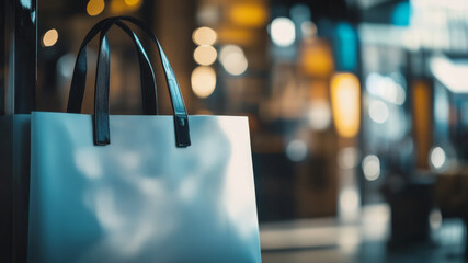 Minimalist white shopping bag hanging with black handles in a modern setting