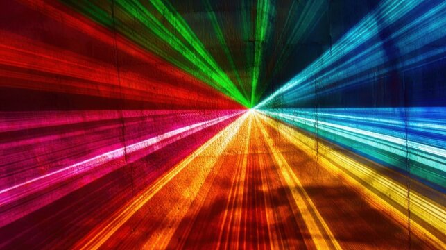 A vibrant display of multi-colored light beams converging towards a central point, creating a dazzling spectrum of colors symbolizing focus and energy.