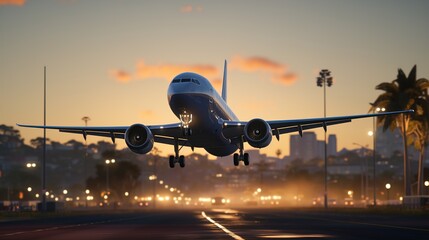 Fototapeta premium airplane landing at sunset