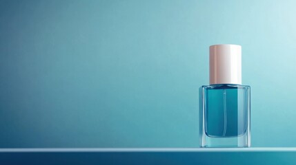 A simplistic perfume bottle with a white cap stands against a soft gradient background, highlighting its clean lines and modern design in a serene setting.