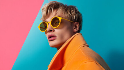 Fashionable model wearing yellow sunglasses and an orange coat, posing in front of a bright backdrop