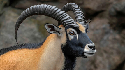 Majestic wild goat with curved horns in a rocky natural habitat.