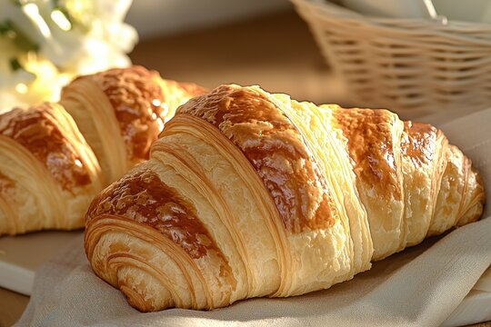 Golden brown croissants on a beige linen, illuminated by soft light, inviting breakfast pastries with a basket in the blurred background, perfect for a bakery menu.