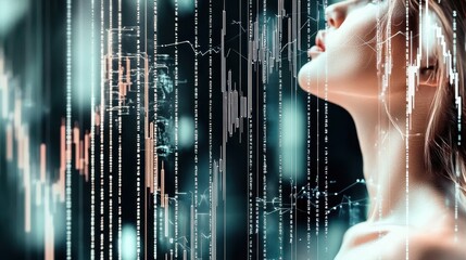 The image showcases a futuristic blend of a woman's profile surrounded by abstract digital data overlays, representing the merging of technology and human identity.